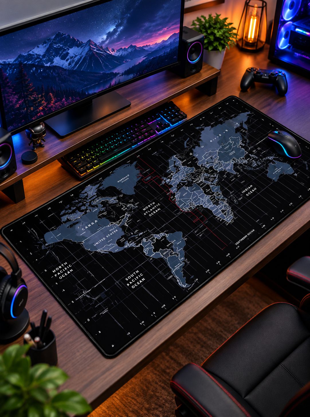 A large black desk mat with a gray world map design is laid out on a wooden desk in a gaming setup. The desk setup includes a computer monitor showing a mountain landscape, a keyboard with RGB lighting, a mouse, a game controller, speakers, and plants.