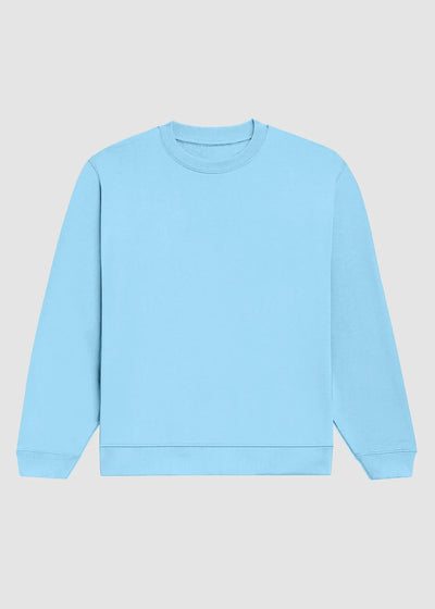 A light blue crewneck sweatshirt with long sleeves and ribbed cuffs and hem, displayed flat against a light gray background.