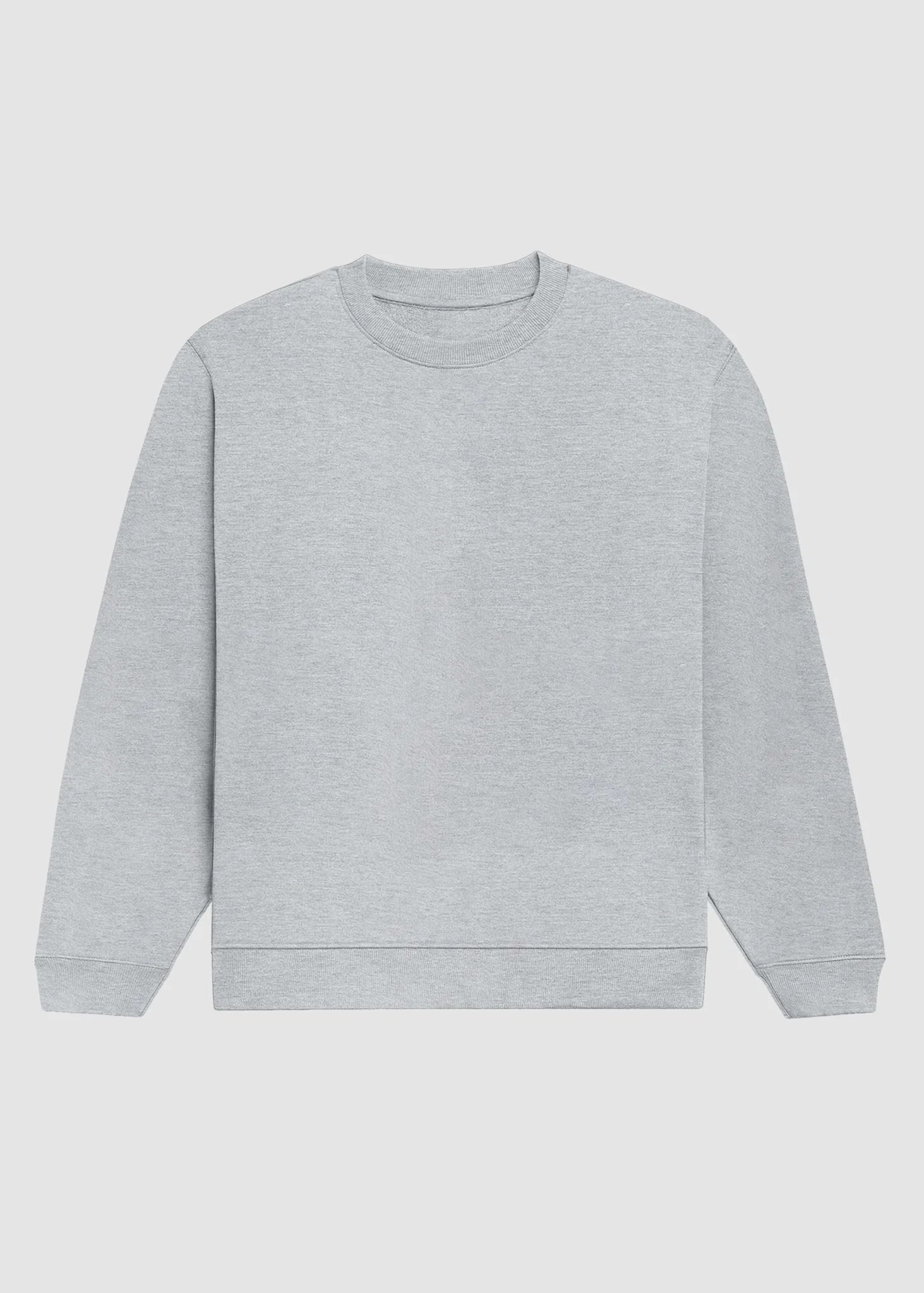 A light gray heather crewneck sweatshirt with long sleeves and ribbed cuffs and hem, displayed flat against a light gray background.