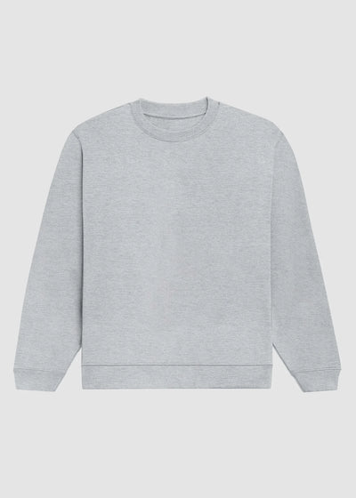 A light gray heather crewneck sweatshirt with long sleeves and ribbed cuffs and hem, displayed flat against a light gray background.