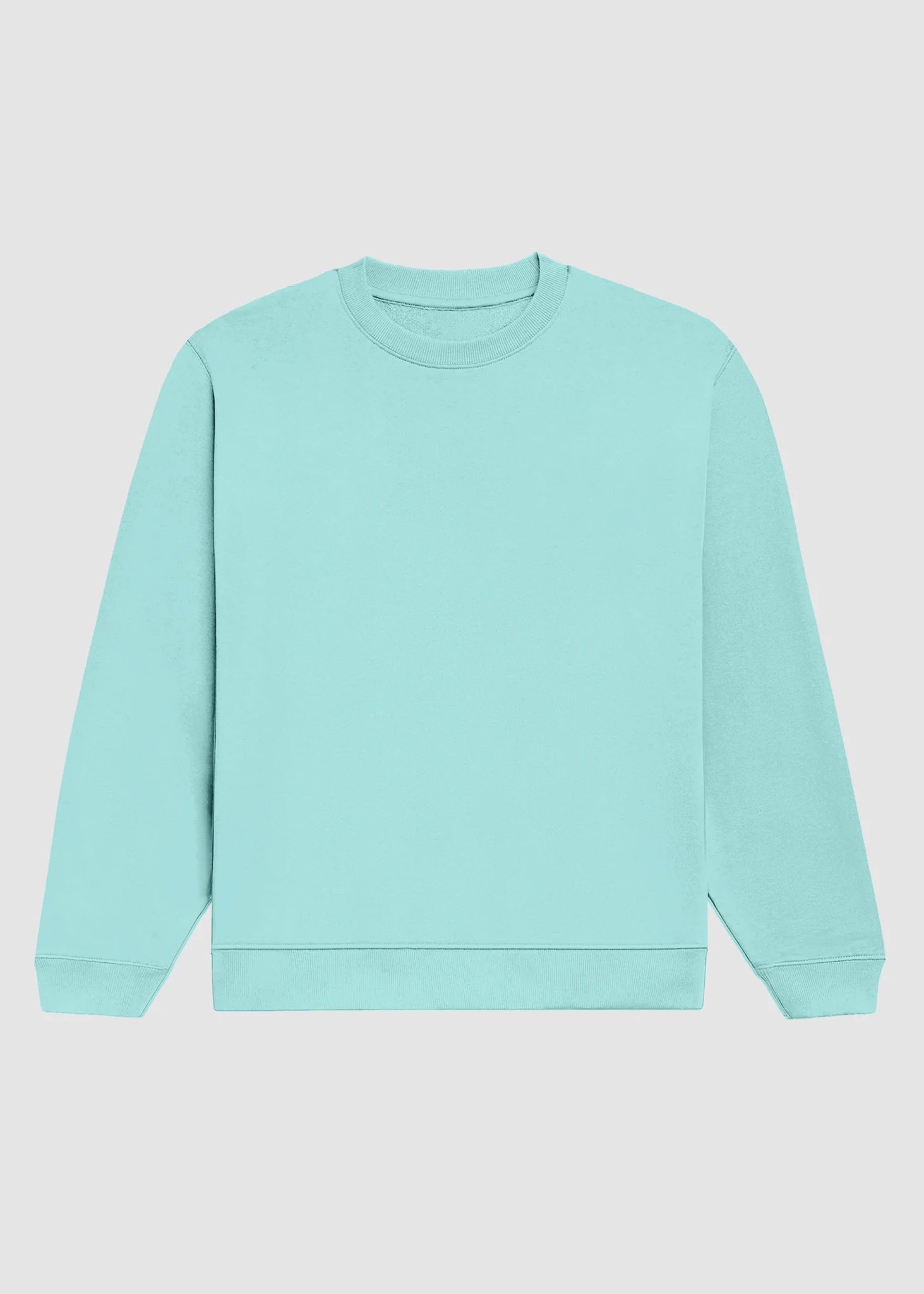 A light mint green crewneck sweatshirt with long sleeves and ribbed cuffs and hem, displayed flat against a light gray background.