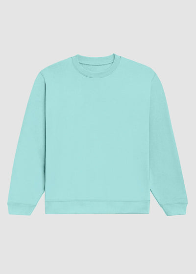 A light mint green crewneck sweatshirt with long sleeves and ribbed cuffs and hem, displayed flat against a light gray background.