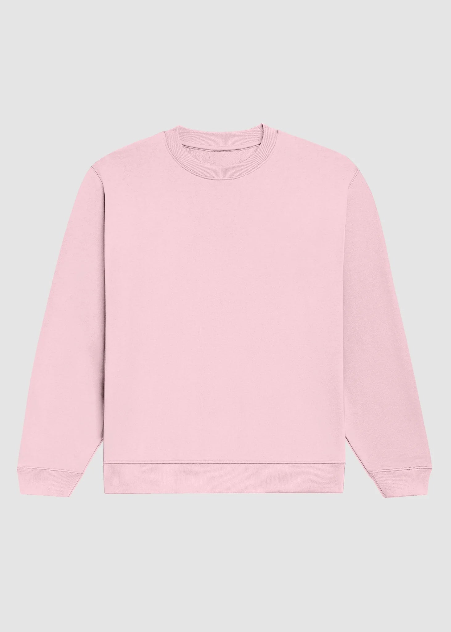 A light pink crewneck sweatshirt with long sleeves and ribbed cuffs and hem, displayed flat against a light gray background.