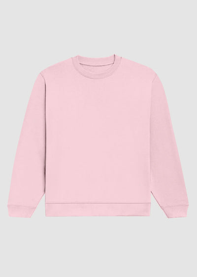 A light pink crewneck sweatshirt with long sleeves and ribbed cuffs and hem, displayed flat against a light gray background.