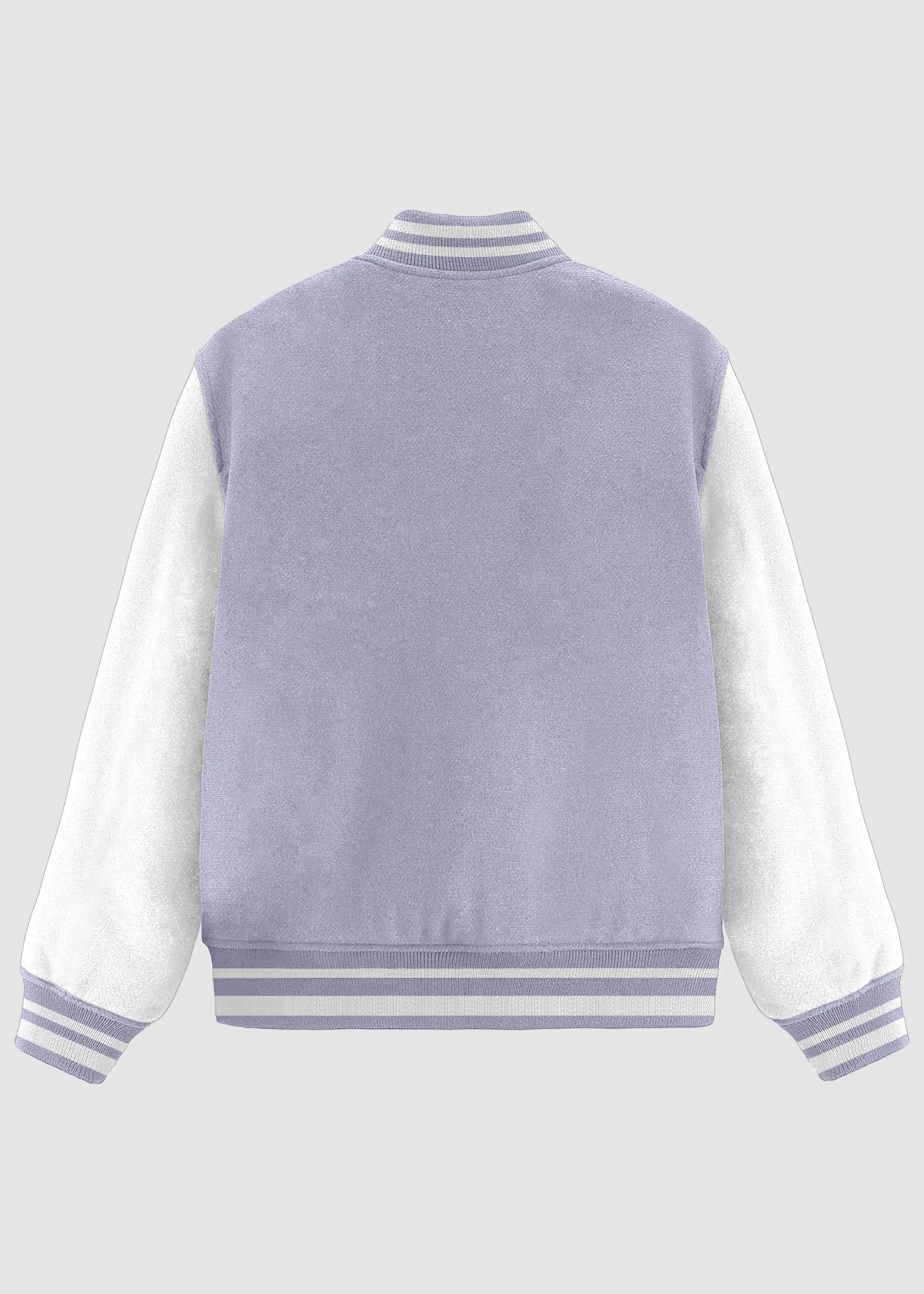 A light purple and white varsity-style jacket shown from the back, featuring a solid purple back panel, white sleeves, and striped ribbed collar, hem, and cuffs.