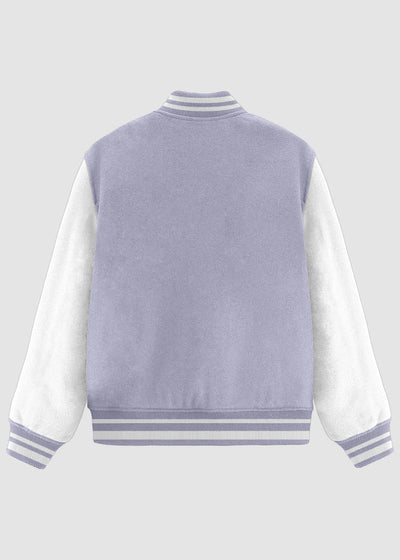 A light purple and white varsity-style jacket shown from the back, featuring a solid purple back panel, white sleeves, and striped ribbed collar, hem, and cuffs.