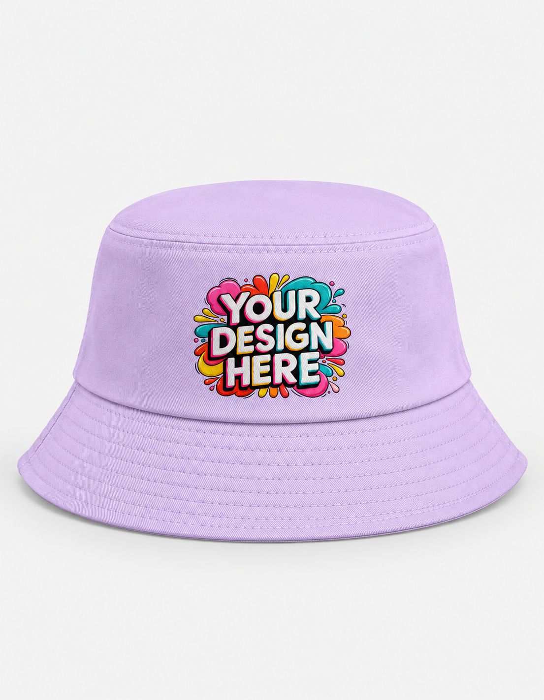A light purple bucket hat with a colorful 'YOUR DESIGN HERE' mockup graphic on the front, set against a plain white background.