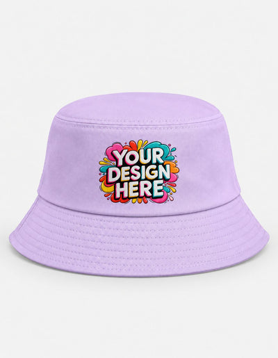 A light purple bucket hat with a colorful 'YOUR DESIGN HERE' mockup graphic on the front, set against a plain white background.