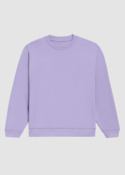 A light purple crewneck sweatshirt with long sleeves and ribbed cuffs and hem, displayed flat against a light gray background.