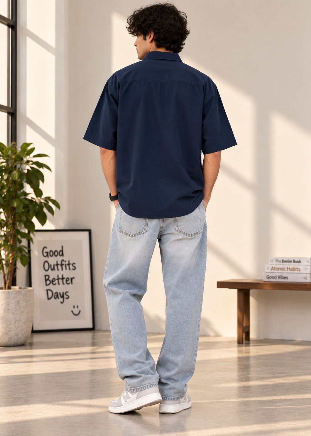 A man standing with his back to the camera wearing a navy blue short-sleeve button-up shirt, light-wash blue jeans, and white sneakers in a bright, modern room.