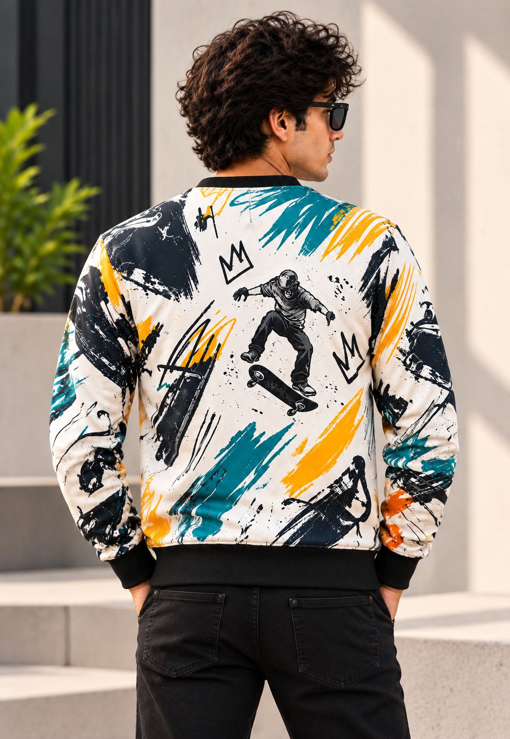 A man viewed from behind wearing a long-sleeve bomber jacket with a colorful abstract graphic print featuring a skateboarder, black and white brushstrokes, and teal and yellow accents. He is also wearing black pants and sunglasses, standing outdoors against a modern concrete wall.