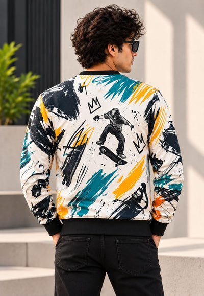 A man viewed from behind wearing a long-sleeve bomber jacket with a colorful abstract graphic print featuring a skateboarder, black and white brushstrokes, and teal and yellow accents. He is also wearing black pants and sunglasses, standing outdoors against a modern concrete wall.