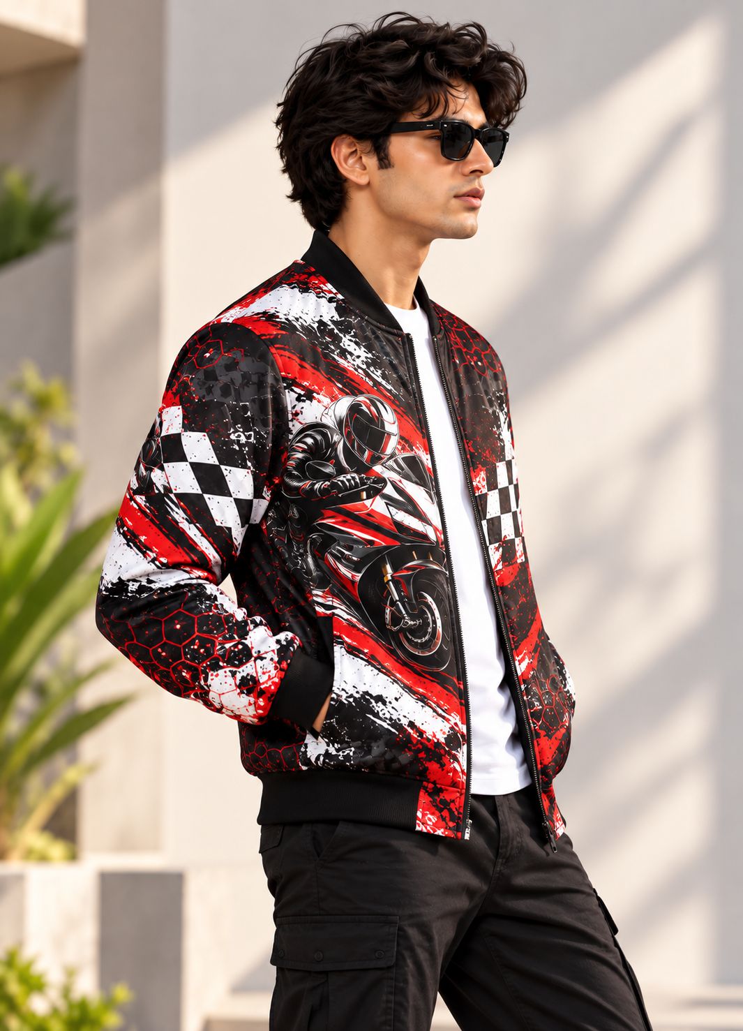 A man wearing a black, red, and white graphic bomber jacket with a motorcycle print, styled with a white t-shirt and black cargo pants, standing outdoors against a light-colored wall.