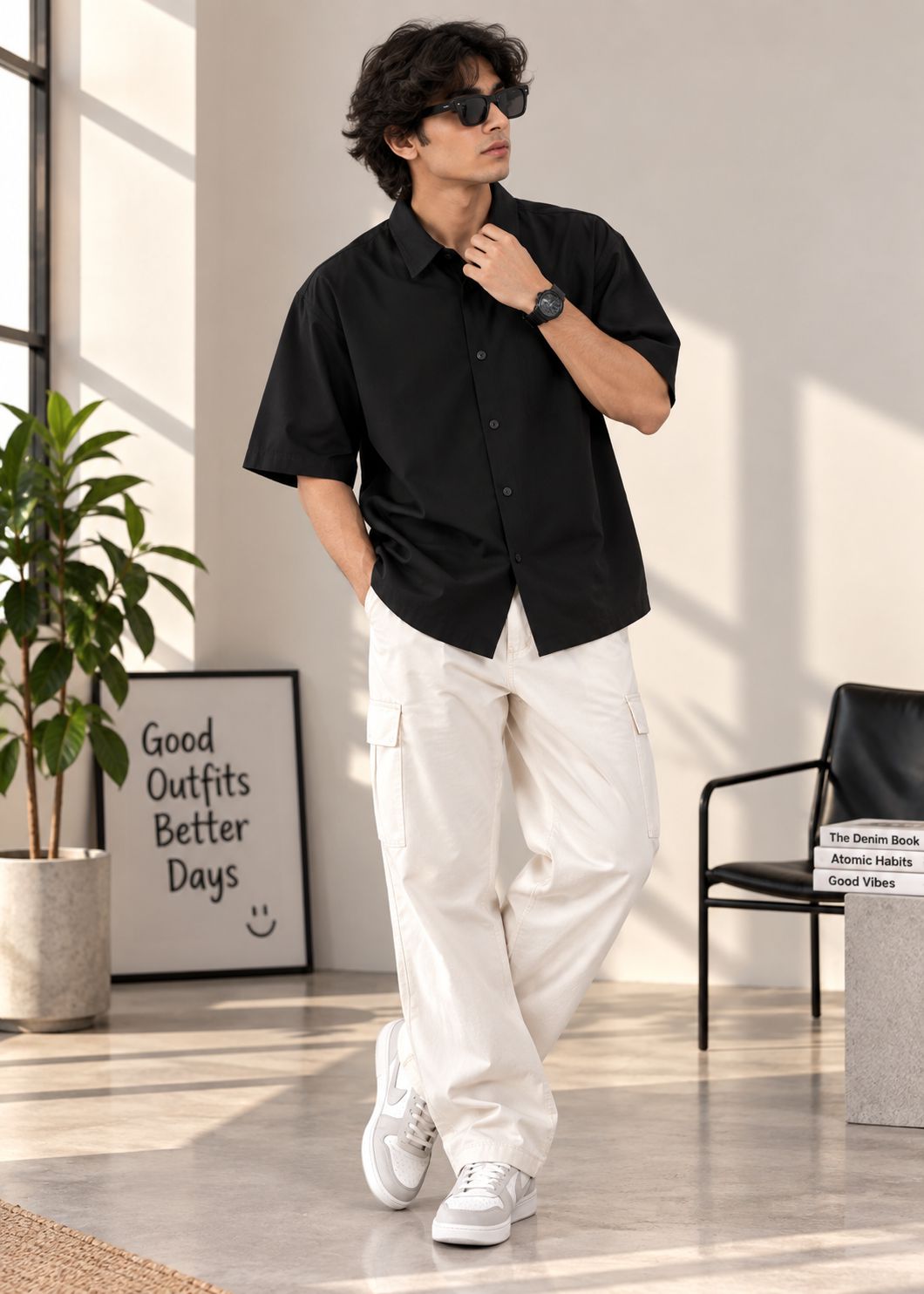 A man wearing a black short-sleeve button-up shirt, off-white cargo pants, and white sneakers, standing in a bright, modern room with a plant and framed art in the background.