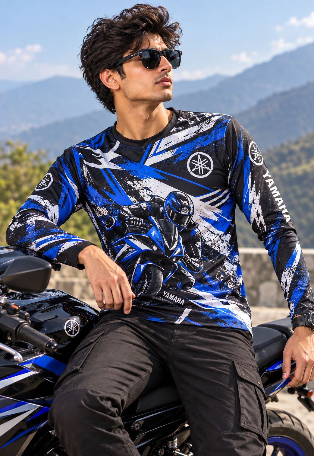 A man wearing a blue and black Yamaha long-sleeve motocross jersey with a motorcycle graphic, sitting on a blue and black Yamaha motorcycle outdoors with mountains in the background.
