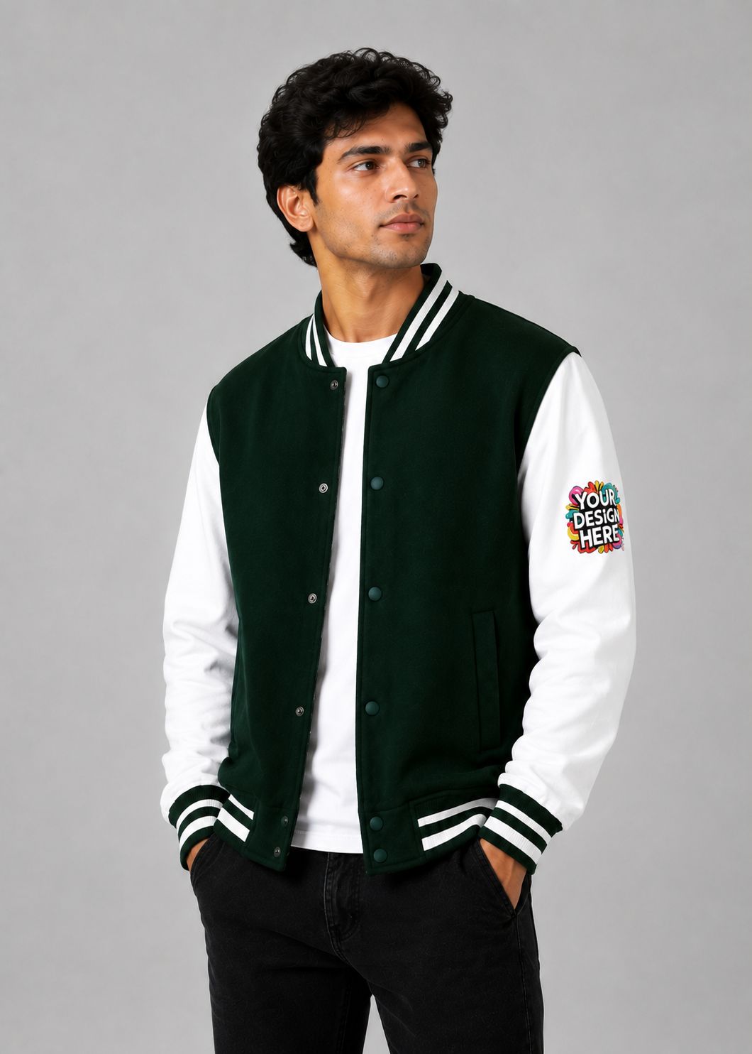 A man wearing a dark green and white varsity jacket with striped ribbed cuffs and collar, a white t-shirt, and black jeans, standing against a solid gray studio background.