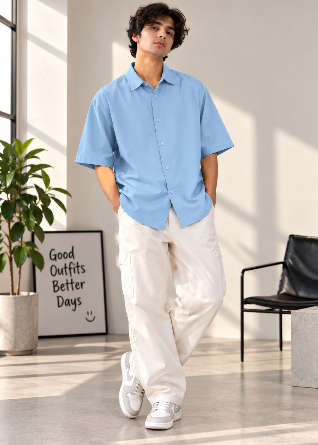 A man wearing a light blue short-sleeve button-up shirt and off-white cargo pants, standing in a bright, modern room with a potted plant and a black chair.
