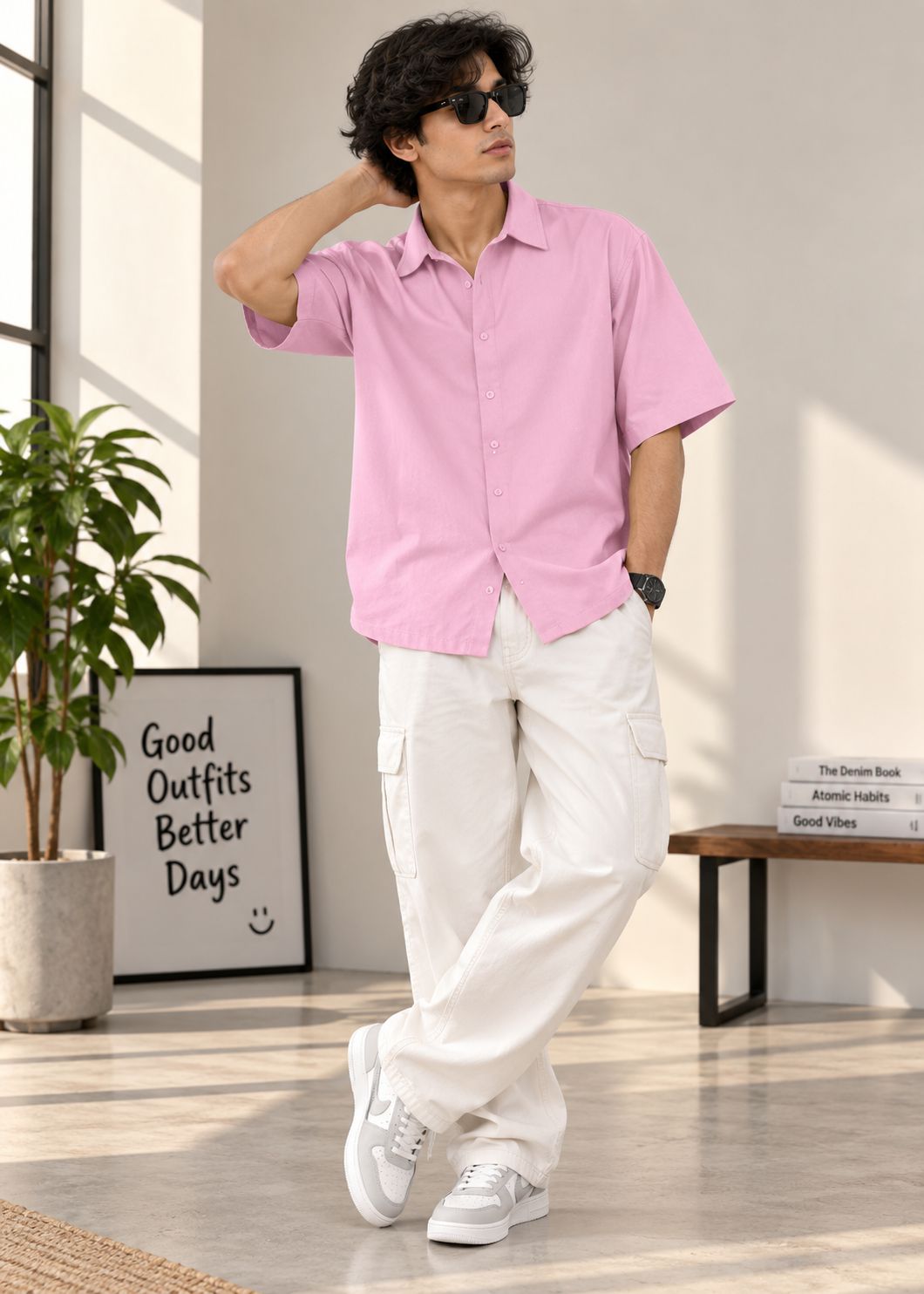 A man wearing a light pink short-sleeve button-up shirt and white cargo pants stands in a bright indoor room with sunlight, a plant, framed wall art, and a bench.
