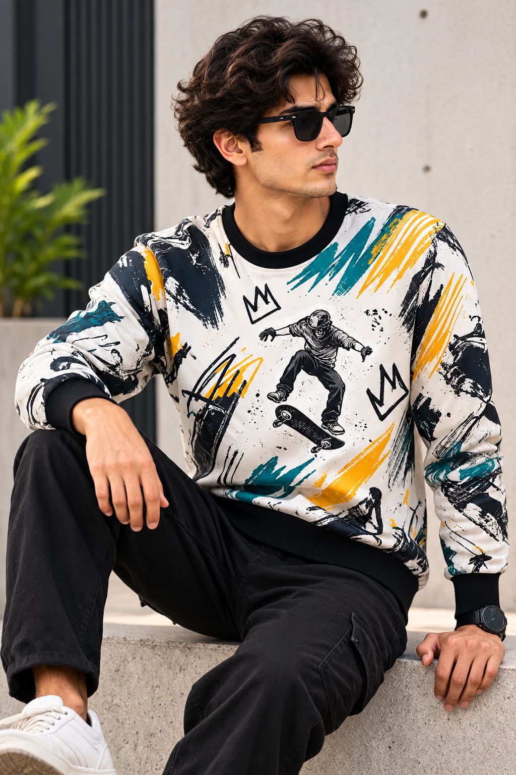 A man wearing a long-sleeve crewneck sweatshirt with a graphic print of a skateboarder and abstract paint strokes in yellow, teal, black, and white, paired with black pants and sunglasses, sitting on a concrete ledge.