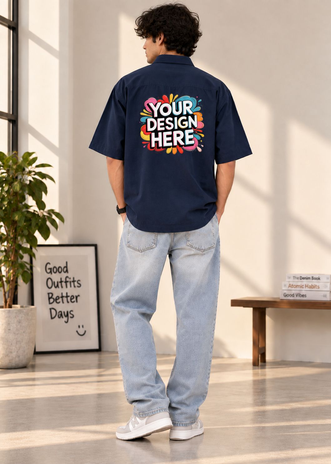 A man wearing a navy blue short-sleeve button-up shirt with a colorful 'YOUR DESIGN HERE' graphic printed on the back, paired with light-wash jeans and white sneakers, standing in a bright indoor room.