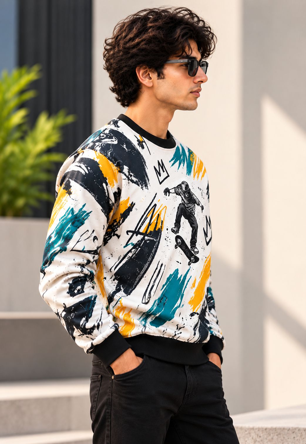 A man wearing a white crewneck sweatshirt with a colorful abstract print in black, teal, and yellow, paired with black pants and sunglasses, standing outdoors.