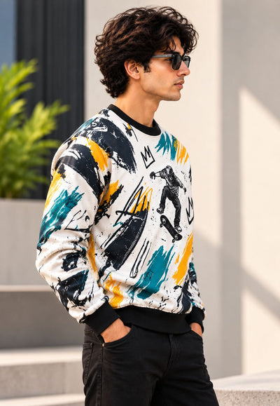 A man wearing a white crewneck sweatshirt with a colorful abstract print in black, teal, and yellow, paired with black pants and sunglasses, standing outdoors.