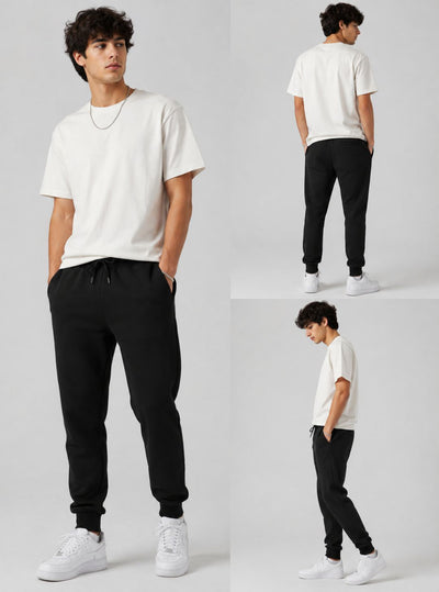 A model is shown in three views wearing a plain white crew-neck t-shirt and black jogger sweatpants with white sneakers, against a light gray studio background.