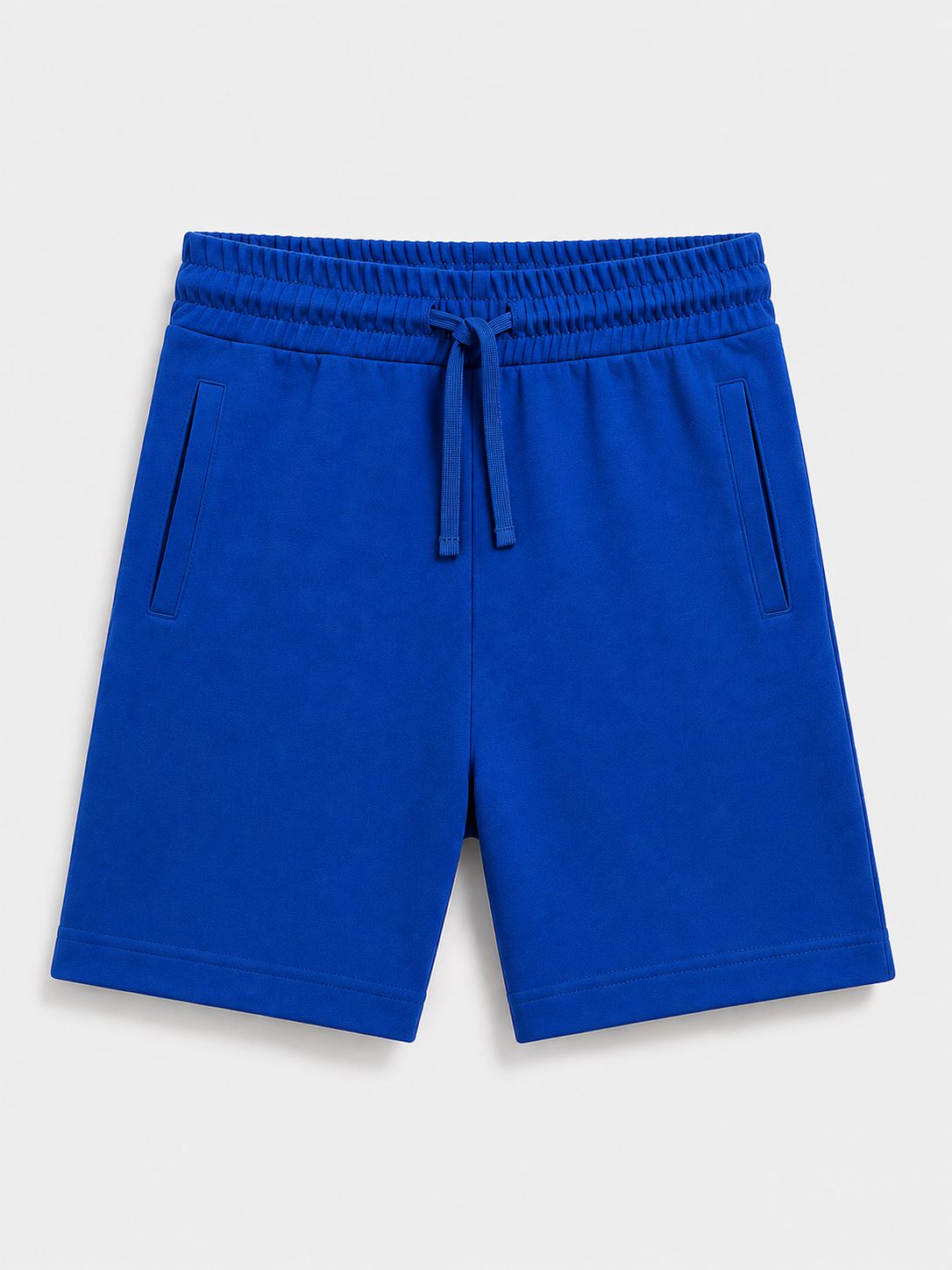 A pair of bright royal blue sweat shorts with an elastic drawstring waist and side pockets, shown flat on a light gray background.