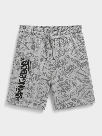 A pair of gray and white graffiti-print sweat shorts with a black SpongeBob logo printed vertically on the left leg, displayed flat against a light gray background.