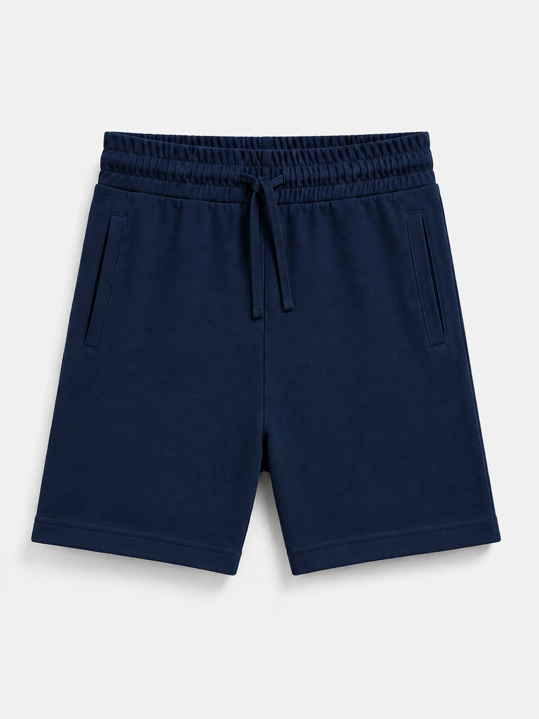 A pair of navy blue sweat shorts with an elastic drawstring waistband, displayed flat against a light gray background.