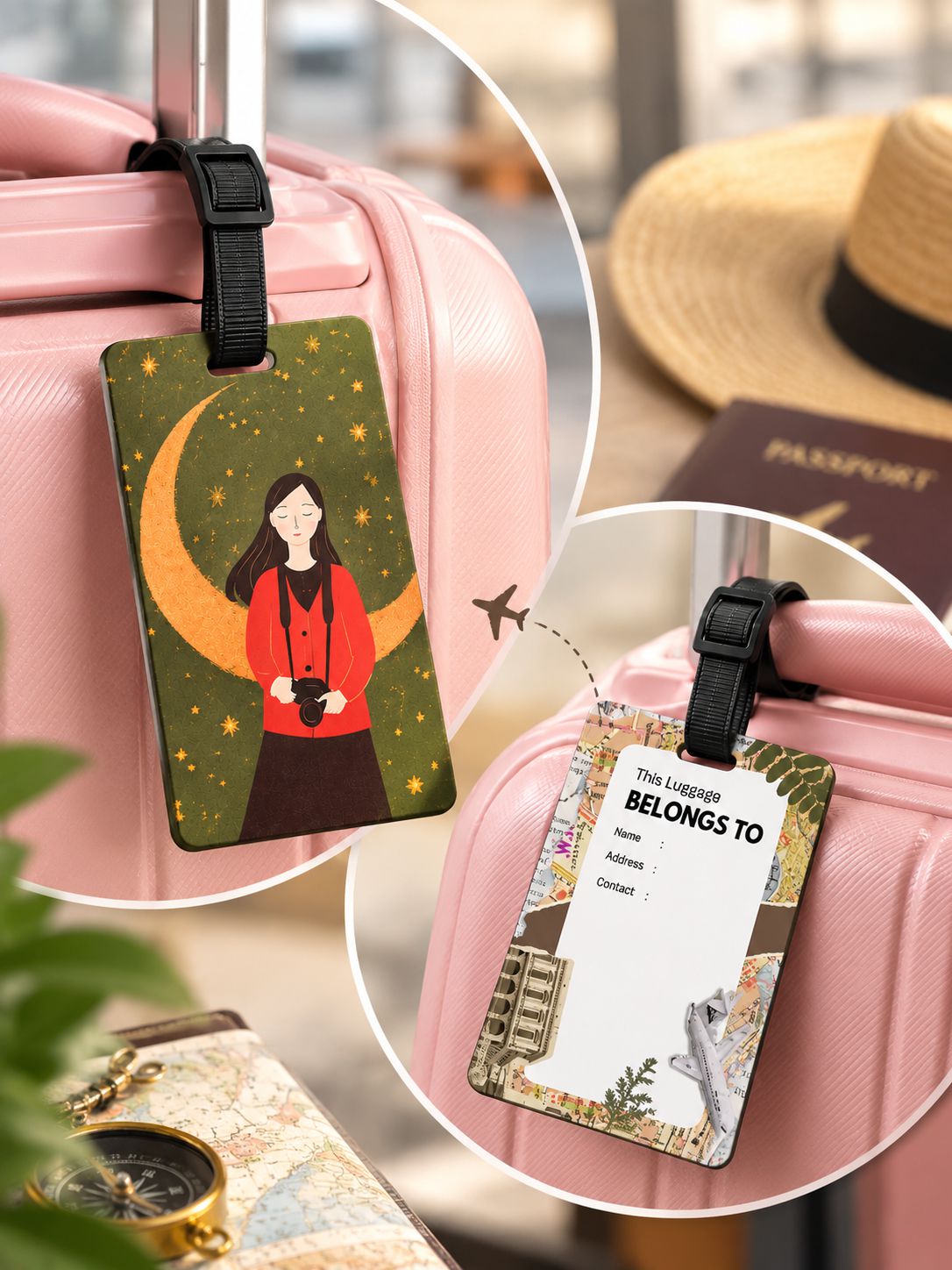 A pink suitcase with two luggage tags shown in a styled travel scene. One tag features an illustrated woman under a crescent moon with stars, and the other shows a blank 'This luggage belongs to' style tag.