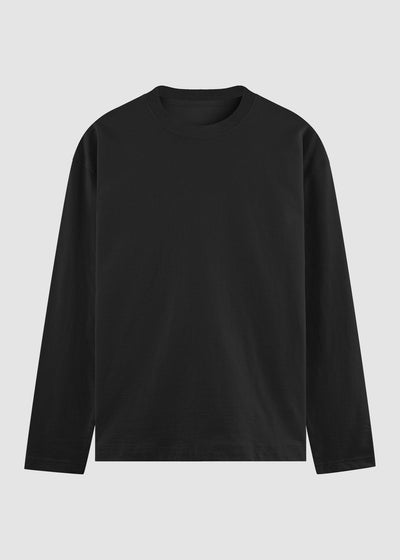 A plain black long-sleeve crewneck t-shirt displayed flat against a light gray background.