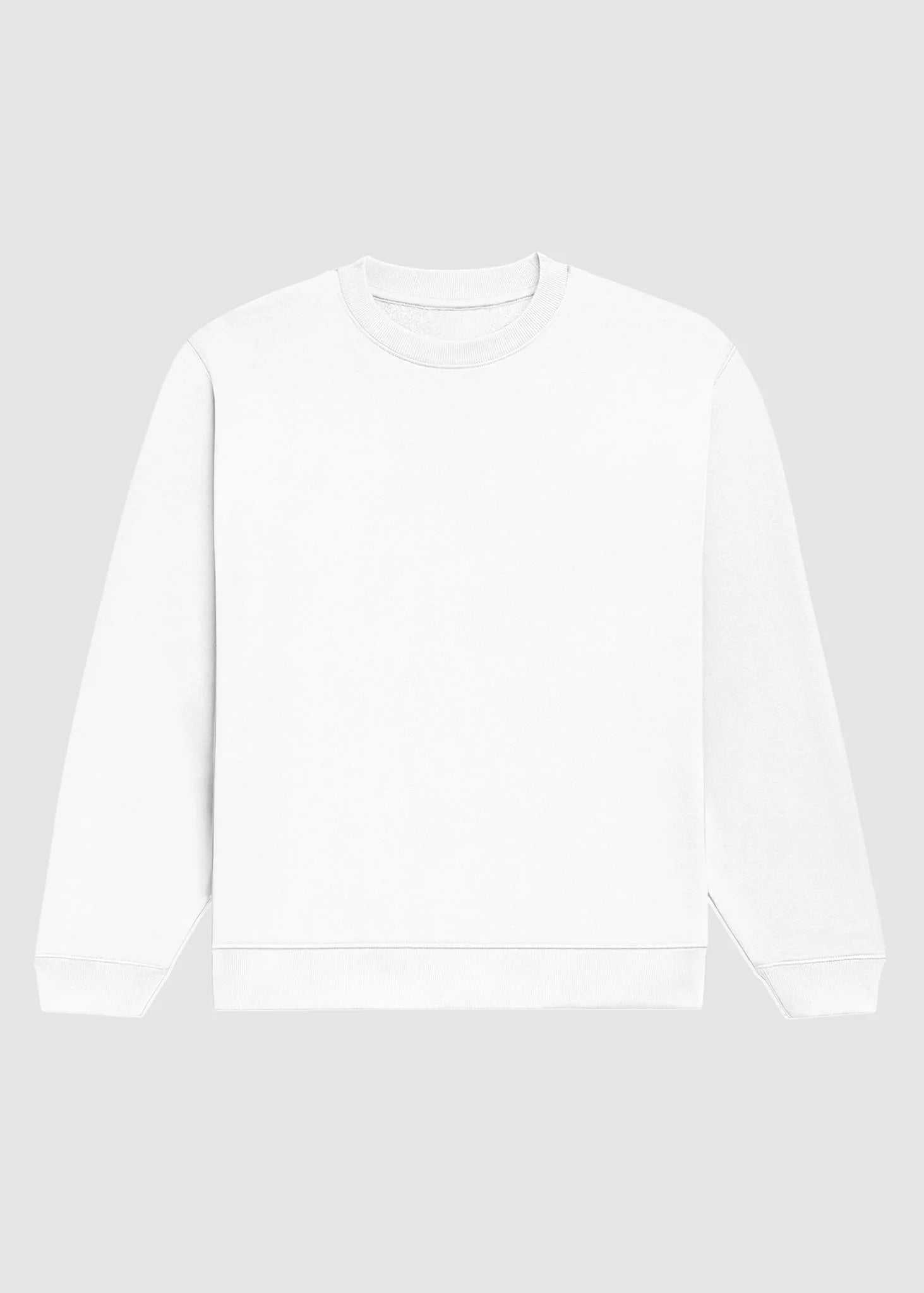 A plain white crewneck sweatshirt with long sleeves and ribbed cuffs and hem, displayed flat against a light gray background.