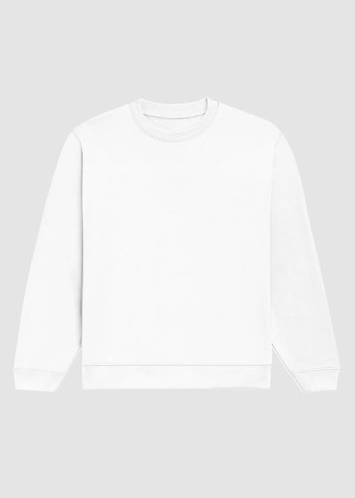 A plain white crewneck sweatshirt with long sleeves and ribbed cuffs and hem, displayed flat against a light gray background.