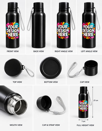 A product mockup sheet showing a black insulated bottle from multiple angles on a white background, including front, back, right angle, left angle, top, bottom, cap, mouth, cap and strap, and full height views. The bottle has a colorful circular graphic with the text 'YOUR DESIGN HERE' and a silver metal interior visible in one view.