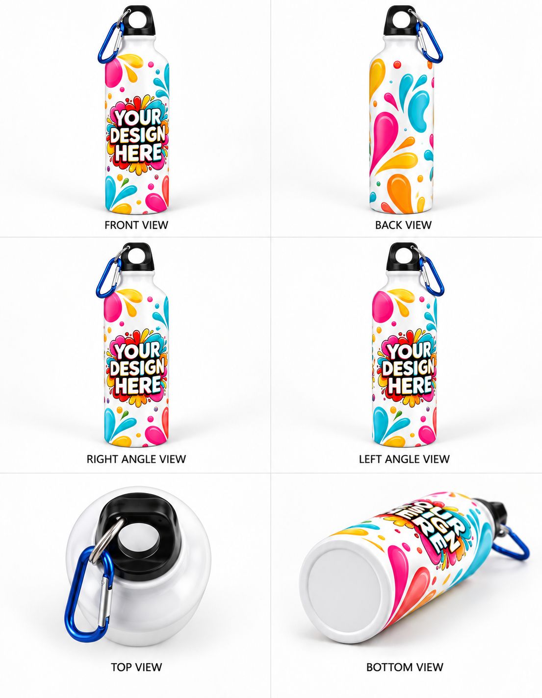 A product mockup showing a reusable water bottle from multiple angles on a white background, labeled front view, back view, right angle view, left angle view, top view, and bottom view. The bottle has a colorful paint-splatter pattern in pink, blue, yellow, and orange, with a black cap and blue carabiner clip.