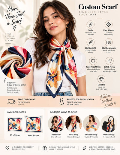 A promotional banner for a custom printed scarf, featuring a woman wearing a multicolor scarf tied around her neck. The banner includes text highlighting the benefits of premium poly woven satin scarves, available sizes, and multiple ways to style the scarf, alongside a close-up of the printed pattern.