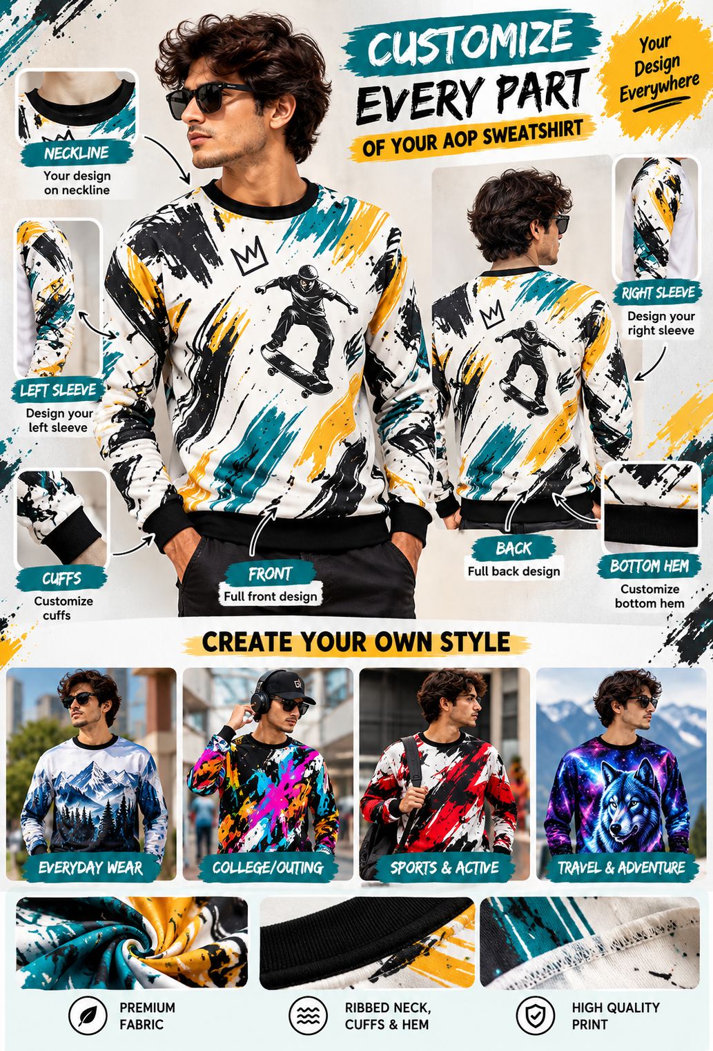 A promotional collage for a customizable sweatshirt. The main large panel shows a man modeling a long-sleeve crewneck sweatshirt from the front and back, with text reading 'CUSTOMIZE EVERY PART OF YOUR APP SWEATSHIRT.