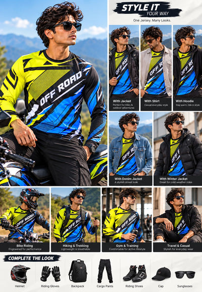 A promotional collage for an Off Road long-sleeve riding jersey, featuring a large main photo of a man wearing the jersey outdoors next to a motorcycle, plus multiple smaller outfit examples and accessory suggestions. The jersey has a bold black, neon yellow, and blue graphic design with the words 'OFF ROAD' and 'STYLE IT YOUR WAY.