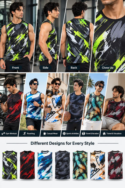 A promotional collage showing a sleeveless athletic tank top from multiple angles and on different models, with text labels for front, side, back, and close-up views. Below, smaller panels show additional color/pattern options including gym workout, running, casual wear, sports activities, travel, and vacation styles.