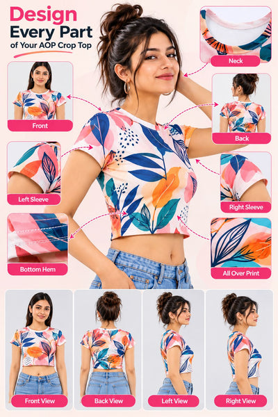 A promotional collage showing a woman modeling a short-sleeve crop top with a colorful floral and leaf print, plus multiple inset close-ups labeled for front, back, left sleeve, right sleeve, and bottom hem. Large text at the top reads 'Design Every Part of Your AOP Crop Top.