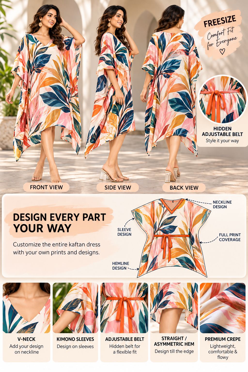 A promotional collage showing a women's kaftan dress from multiple angles, with three full-body model views at the top and close-up feature callouts at the bottom. The dress has a bright tropical floral print in orange, teal, cream, and pink on a white base.