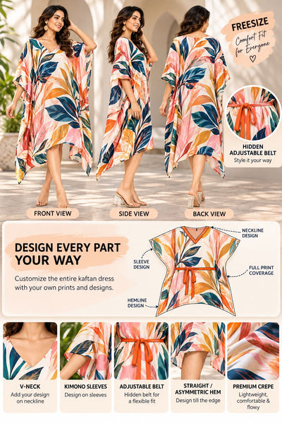 A promotional collage showing a women's kaftan dress from multiple angles, with three full-body model views at the top and close-up feature callouts at the bottom. The dress has a bright tropical floral print in orange, teal, cream, and pink on a white base.