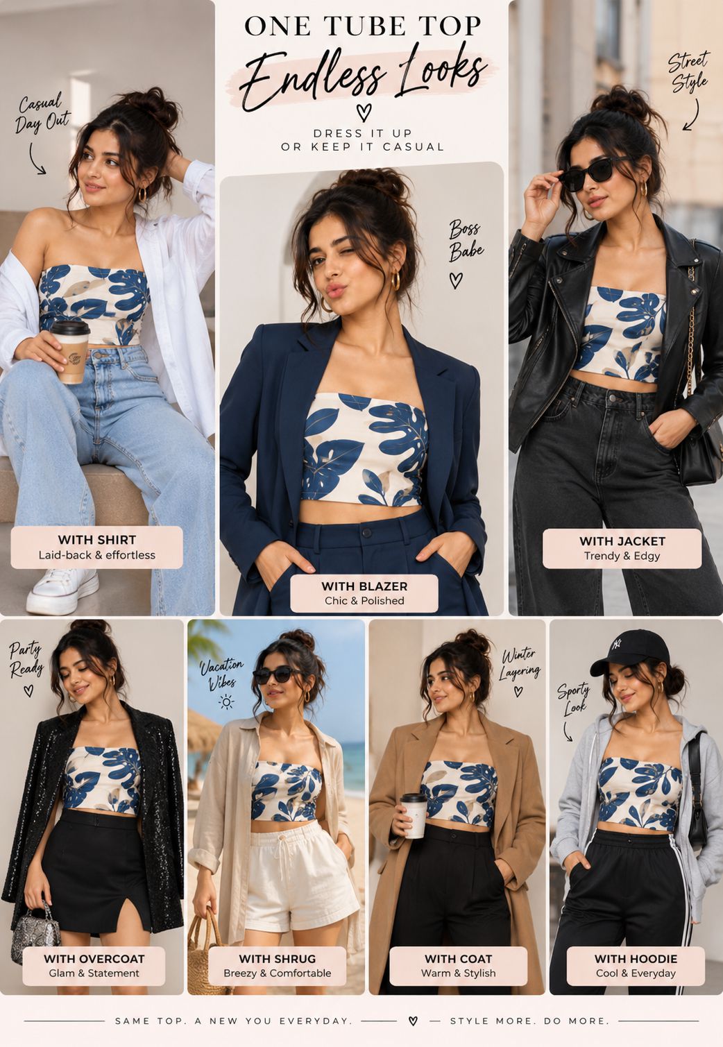 A promotional collage showing a women's one-tube top in multiple styling options, with a central model wearing the top tucked into a blazer and surrounded by six smaller outfit examples. The top has a white base with a bold blue abstract leaf-like pattern.