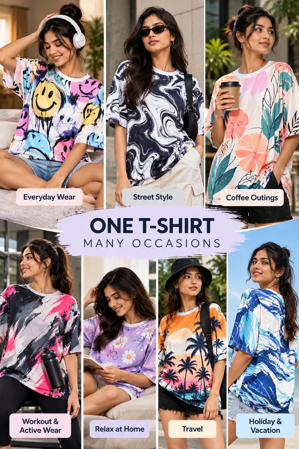 A promotional collage showing eight women modeling different colorful printed T-shirts in various real-world settings. The shirts feature diverse patterns including tie-dye, marble, floral, and tropical prints.