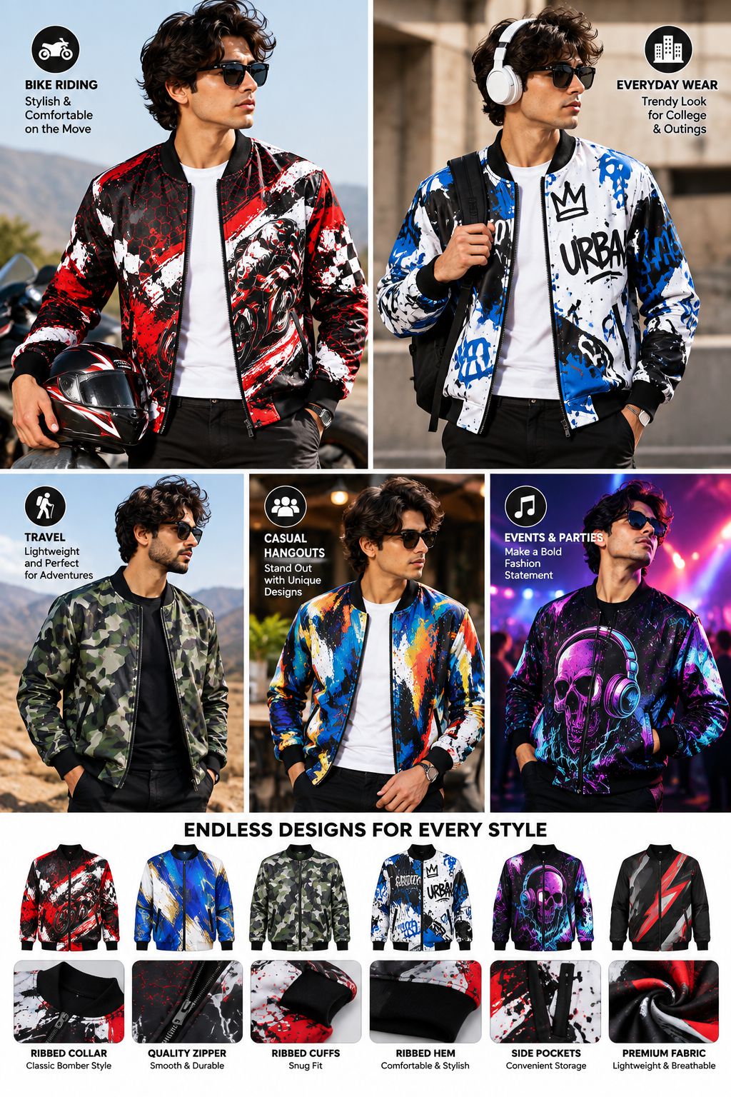 A promotional collage showing multiple men wearing colorful bomber jackets in different settings, with text labels for styles like bike riding, everyday wear, travel, casual, and events. A row of smaller jacket thumbnails appears along the bottom under the heading 'ENDLESS DESIGNS FOR EVERY STYLE.