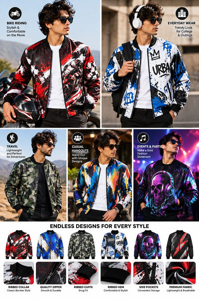 A promotional collage showing multiple men wearing colorful bomber jackets in different settings, with text labels for styles like bike riding, everyday wear, travel, casual, and events. A row of smaller jacket thumbnails appears along the bottom under the heading 'ENDLESS DESIGNS FOR EVERY STYLE.