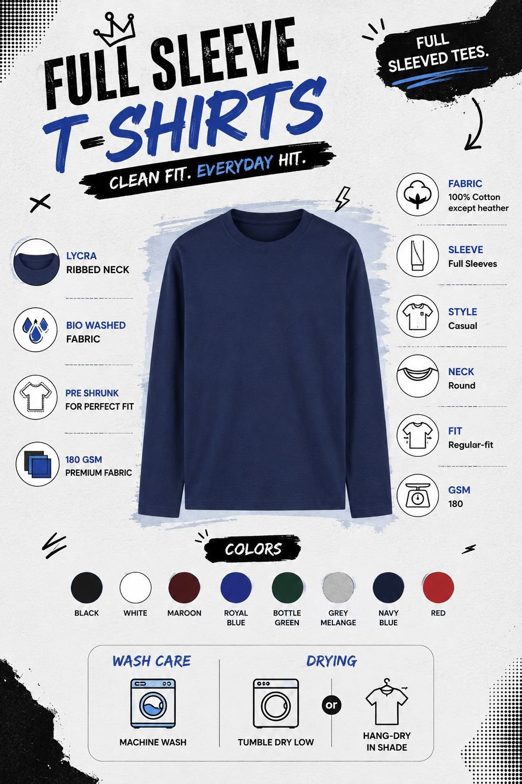A promotional graphic for a navy blue long-sleeve t-shirt, featuring a central product image, detailed feature callouts, a color palette, and care instructions on a white background with black and blue text.