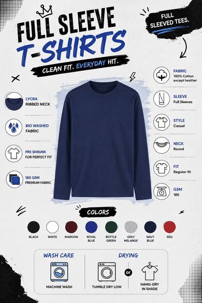 A promotional graphic for a navy blue long-sleeve t-shirt, featuring a central product image, detailed feature callouts, a color palette, and care instructions on a white background with black and blue text.