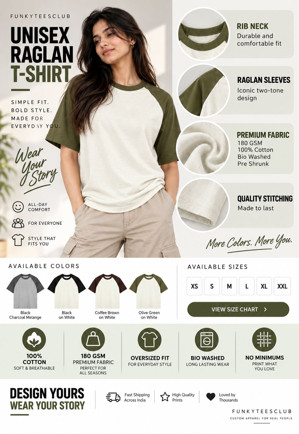 A promotional graphic for the Unisex Raglan T-Shirt by Funky Tees Club, featuring a female model wearing a two-tone cream and olive green shirt. The graphic includes product feature callouts, fabric swatches, available sizes, and care instructions.